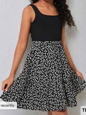 Black and white ditsy floral little girls summer causal dress